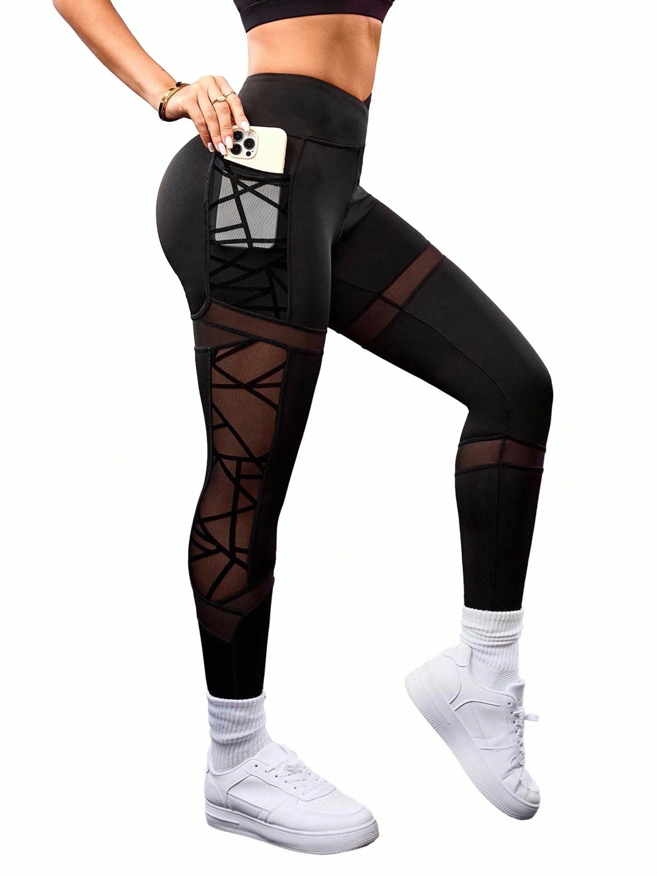 Legging Cintura Alta Com Bolso Funcional E Recortes Em Tela