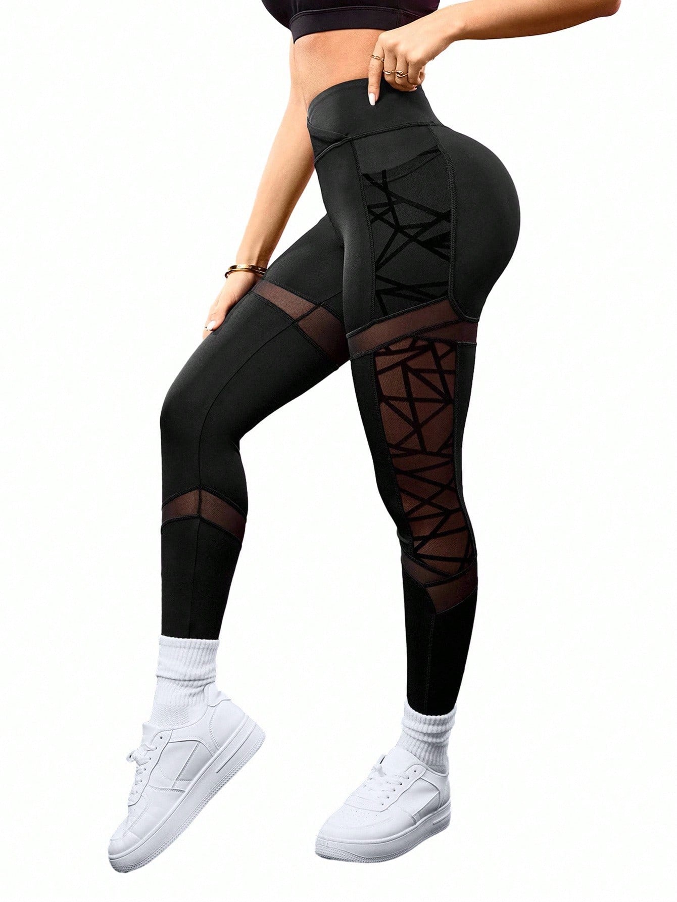 Legging Cintura Alta Com Bolso Funcional E Recortes Em Tela