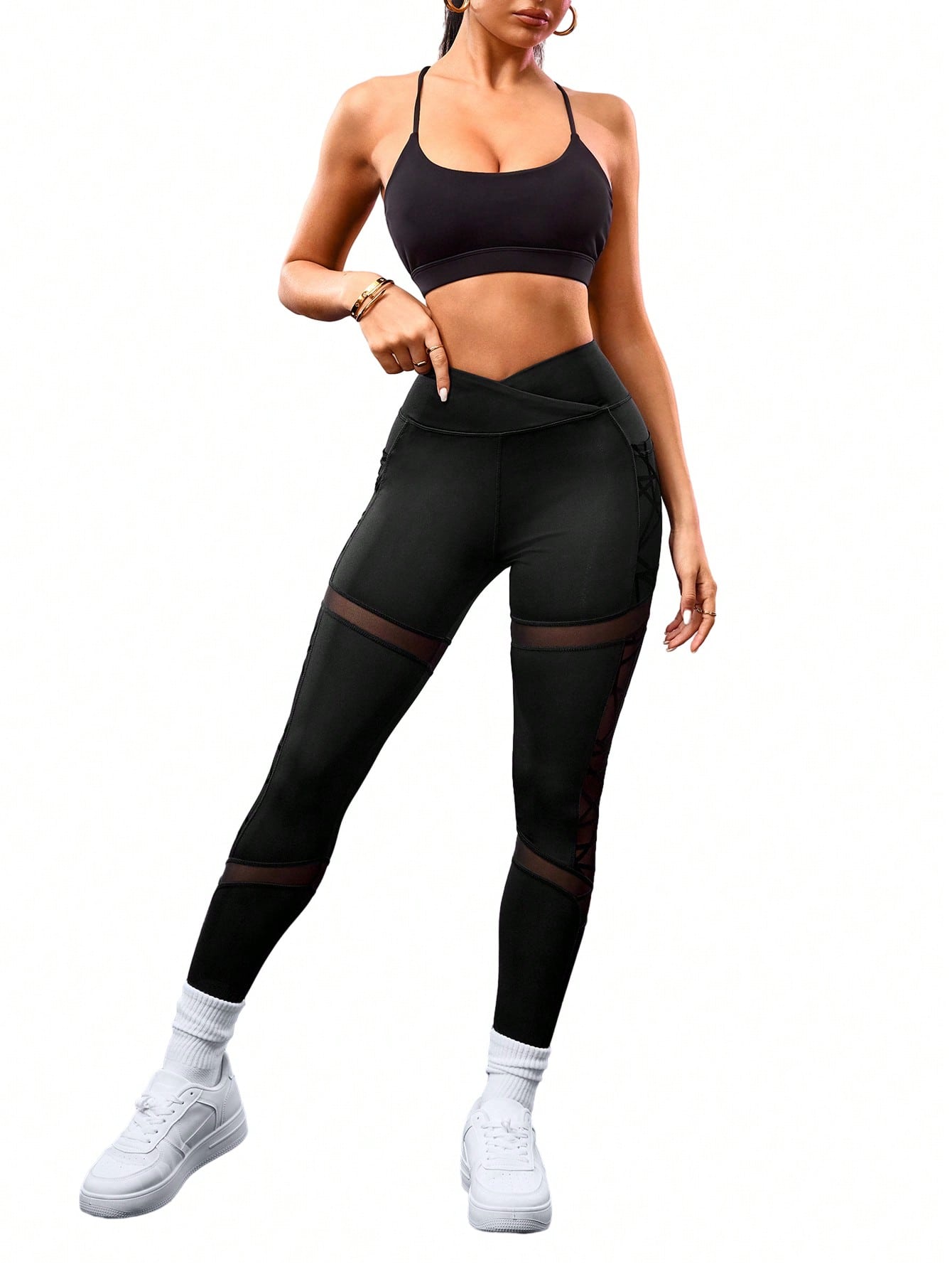 Legging Cintura Alta Com Bolso Funcional E Recortes Em Tela